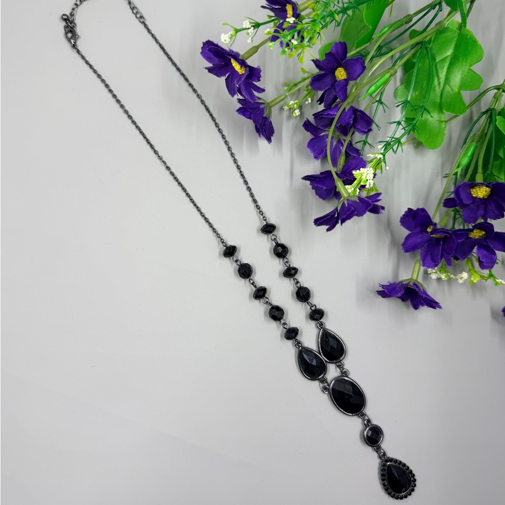 Vintage Gothic Style Black Faceted Crystal Y Shaped Necklace